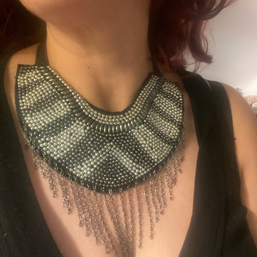Tribal style necklace beaded silver black sexy cascading beads bib choker